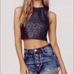 Show Me Your MuMu Black Lace Zippered Back Crop Top Size Small